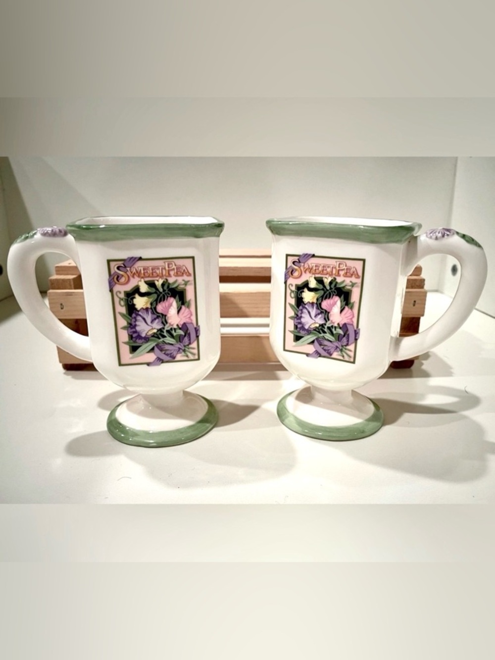Applause Inc. Hand Painted Sweet Pea Flower Seed Packets Cups Mugs | EUC